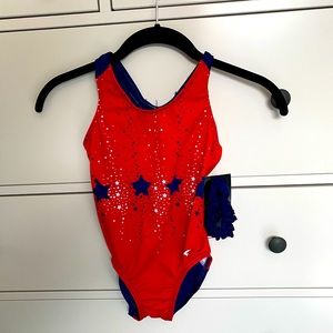 GK Elite Youth Leotard - Team USA - Red White & Blue Stars with hair accessory